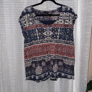 Lucky Brand Navy and Coral Patterned Blouse